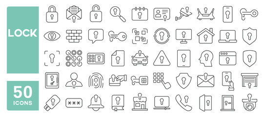 Set of 50 line icons related to lock, protection, security, guard, safe, shield, digital, defense, Editable stroke. Vector illustration