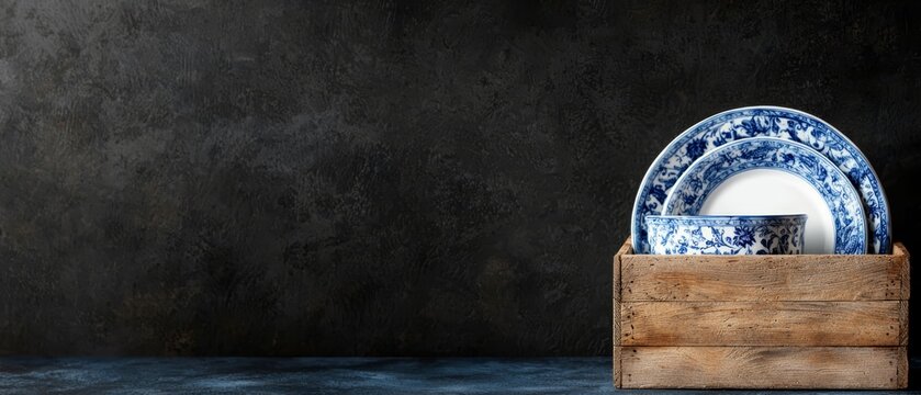  A wooden crate is filled with blue and white dishes