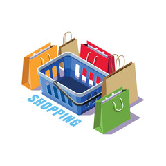 Isometric illustration of a shopping basket with shopping bags