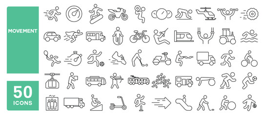 Set of 50 line icons related to movement, dynamic, motion, run, walk, activity, speed, sport, person, vehicle, step, Editable stroke. Vector illustration