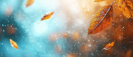 Fototapeta premium Autumn leaves drifting in blue sky background