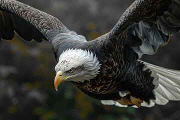 Eagle soaring through the sky, showcasing its powerful wings and intense gaze The majestic bird is set against a blurred natural background, emphasizing its strength and grace