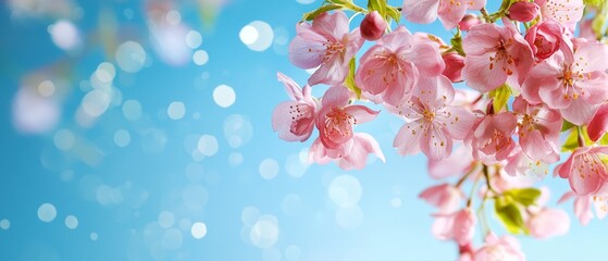 Fototapeta premium A branch of pink blooms against a blue backdrop