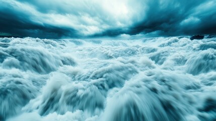 Roaring ocean waves under a dramatic, stormy sky, AI
