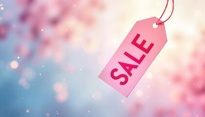 Pink sale tag with vibrant lettering on a blurred colorful background for promotions and shopping