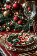 Naklejka premium Close-up of Christmas table setting with decorative holiday plates, glassware and festive ornaments