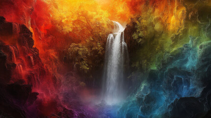 Fototapeta premium Rainbow Waterfall Fractal Art: Vivid Colors, Dreamlike Landscape