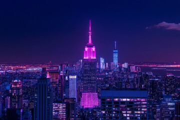 Modern skyscrapers glowing with vibrant pink neon lights against dark night sky. Futuristic cityscape banner