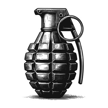 A hand-drawn sketch of a hand grenade bomb is presented as a vector illustration