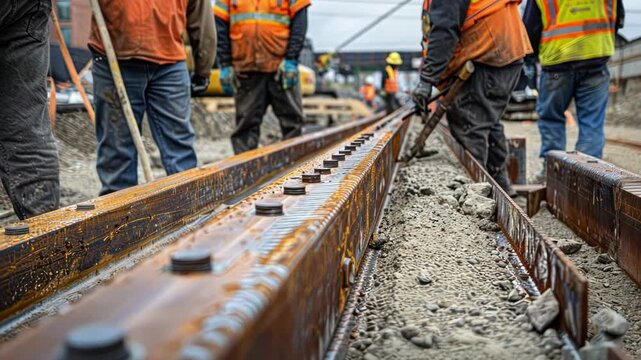 Safety is a top priority as workers in bright orange vests guide a steel Ibeam towards its designated spot.