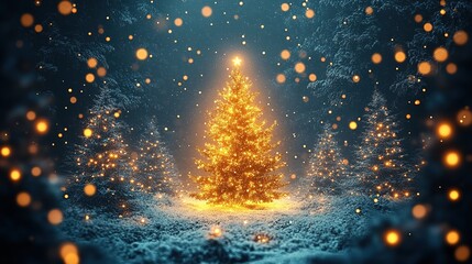 A glowing Christmas tree, adorned with stars and snowflakes, stands against an abstract blue background
