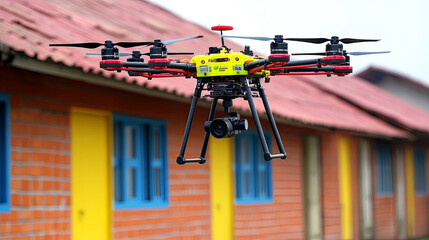 A Drone Equipped With a Camera Hovers Outside Colorful Buildings in a Rural Area During the Day