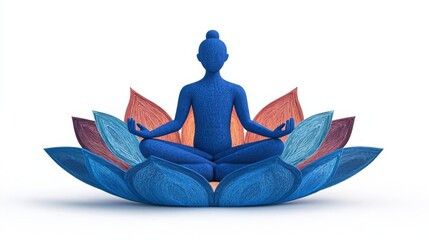 A serene blue figure meditating on a colorful lotus flower, embodying peace and tranquility in a vibrant artistic representation.