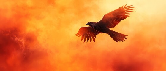 Obraz premium A black bird flying through a fiery orange sky