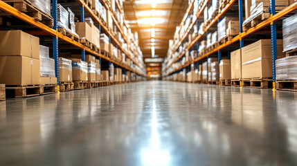 Fototapeta premium Large Warehouse Interior Filled With Stacked Boxes on Pallets Under Bright Overhead Lights During Daytime