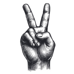 A hand-drawn sketch of a peace sign hand gesture is presented as a vector illustration