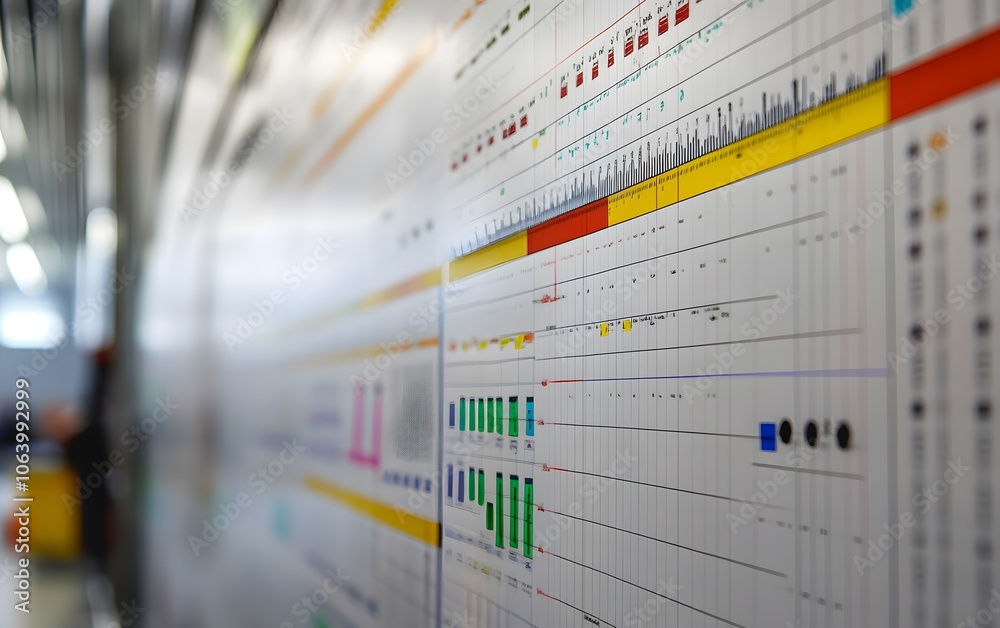 Poster close-up view of a detailed chart on a wall, showcasing colorful data points, graphs, and statistica
