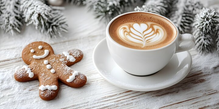 Cup of coffee with latte art and a decorated gingerbread man cookie on a white snowy table. Cozy winter holiday background