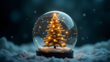 Whimsical Snow Globe Featuring a Sparkling Shiny Christmas Tree Enhanced by Gently Falling Snowflakes Creating a Magical Scene