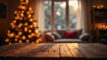 Enchanting Winter Wonderland Setting with Wooden Table for Festive Product Promotions