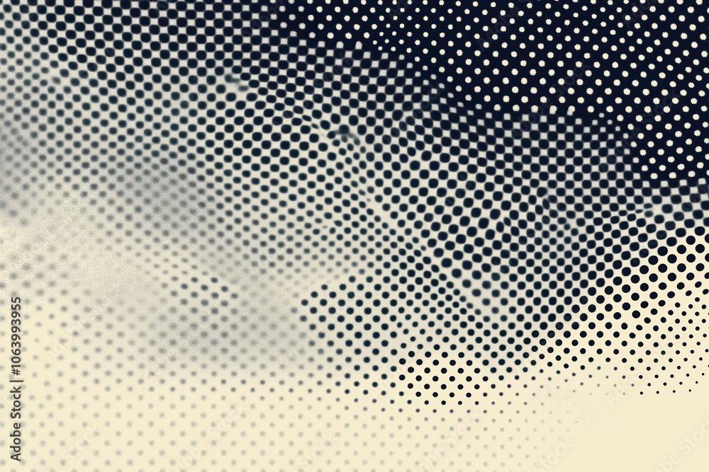 Poster Digital art illustration with gradient background transitioning from dark gray to gray. Multitude of small dots scattered across image, creating depth, dimension. Flat representation with 3D