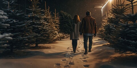 Couple Walking Through Christmas Tree Farm at Night