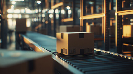 modern conveyor belt system in warehouse with cardboard boxes