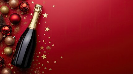 Top view champagne bottle with festive baubles and stars on a red background.