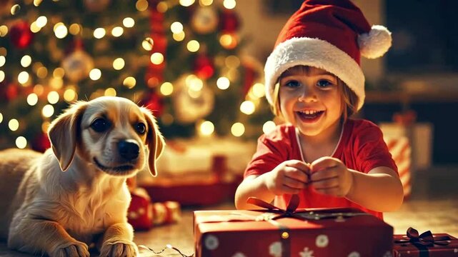 young girl opening gifts with her pet inside a house during christmas celebration