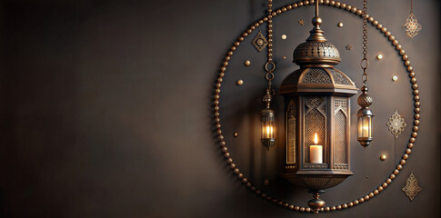 Obraz premium Ornate islamic lantern illuminates a richly patterned backgroundwith text area, evoking the sacred spirit of ramadan and eid celebrations like eid mubarak and eid al adha, the feast of sacrifice