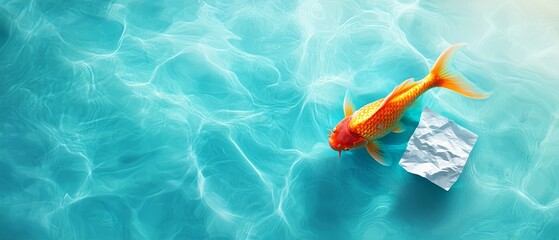 A goldfish swimming in a pool of water with a piece of paper in its mouth