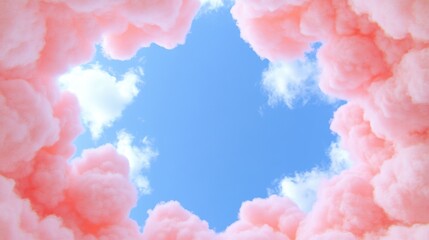 Dreamy cotton candy clouds framing clear blue sky in pastel wonderland