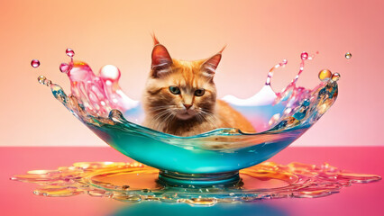 A colourful cute cat covered in colourful paint splash fluid, vibrant paint particles, water drops, alcohol ink smoke, happy pet concept, pet food advertisement