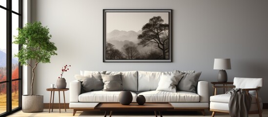 A modern living room with a cozy atmosphere, featuring nature-inspired decor.