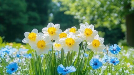 Fototapeta premium Vibrant spring daffodils and cornflowers in bloom under warm sunlight