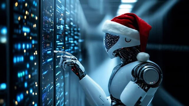 A festive robot adorned with a Santa hat is engaged with rows of data servers in a modern tech setting