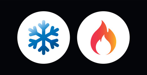 Hot and cold vector flat icon set isolated on black background. Snowflake and fire, flame gradient symbols on geometric circle buttons for web and app.