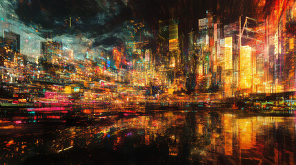 Fototapeta premium Cyberpunk Cityscape: Neon Reflections, Quantum Data Stream, Futuristic Architecture, Digital Art