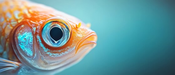 A close up of a goldfish with a blue background