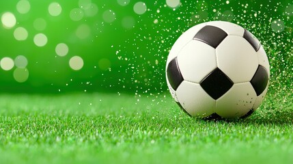Naklejka premium Soccer ball on lush green field with blurred sparkle background