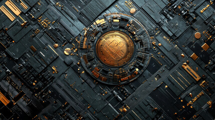 Fototapeta premium Futuristic Circuit Board: Gold and Black Tech Background