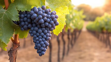 Fototapeta premium Sunlit vineyard with lush grapes on the vine at sunset