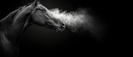 A black and white photo of a horse with smoke coming out of its mouth