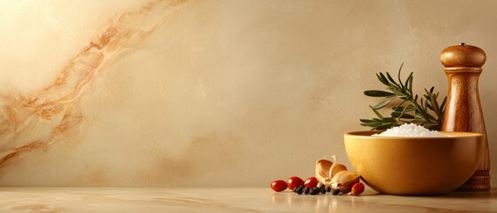 A bowl of salt and a pepper mill on a table