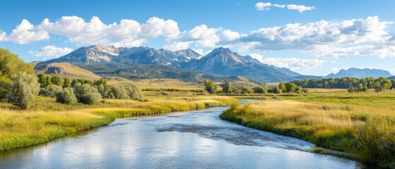 Obraz premium A river running through a grassy field with mountains in the background