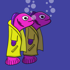 Fantasy vector illustration. Two fish in a long coat. Fantasy, fish, science fiction. Two fish side by side. Air bubbles. A fish standing like a man. Character, drawing, colorful, fins, Fantastic