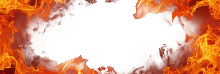 Vibrant orange flame dominates large, fiery blaze. Centrally located, flame framed by stark white border. Gray background provides neutral contrast. Elevated angle view flame, surroundings. Isolated.