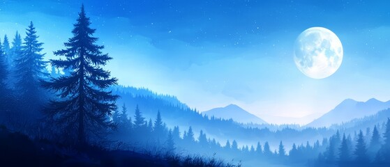 A full moon shines brightly over a misty mountain landscape