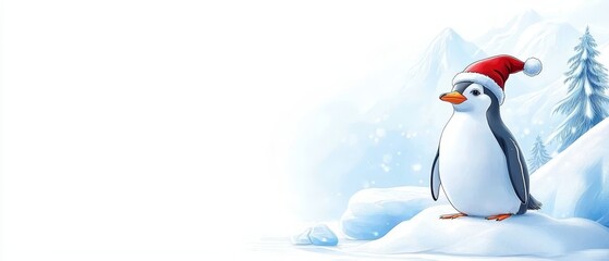 Fototapeta premium A penguin wearing a santa hat standing on top of an iceberg