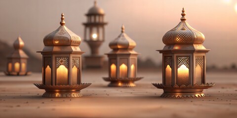 Obraz premium Traditional islamic lanterns emit a warm glow on a serene evening, symbolizing the holy months of ramadan and eid celebrations, including the feast of sacrifice, eid aladha